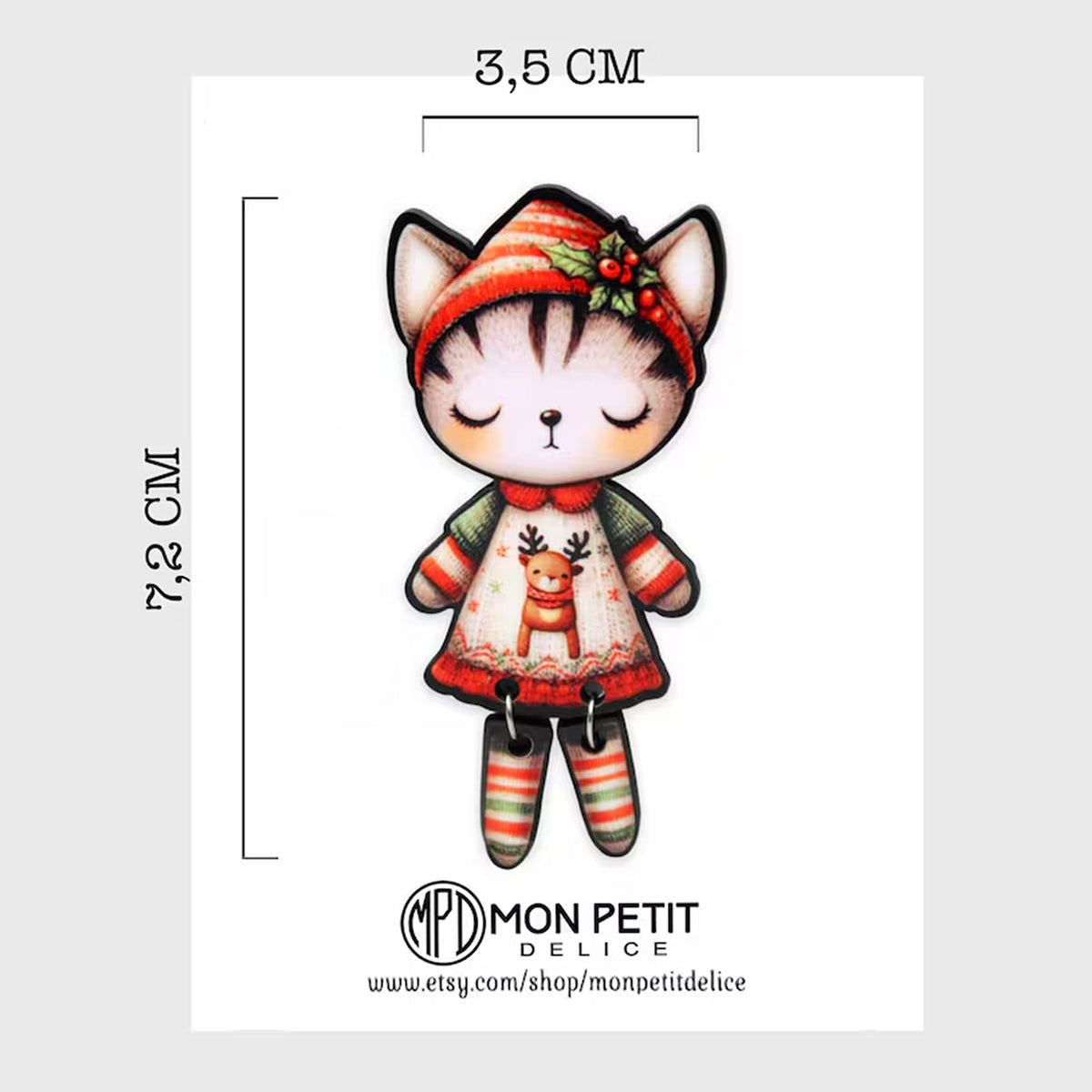 Christmas Cat Wooden Brooch | Handmade Holiday Jewelry | Stocking Stuffer