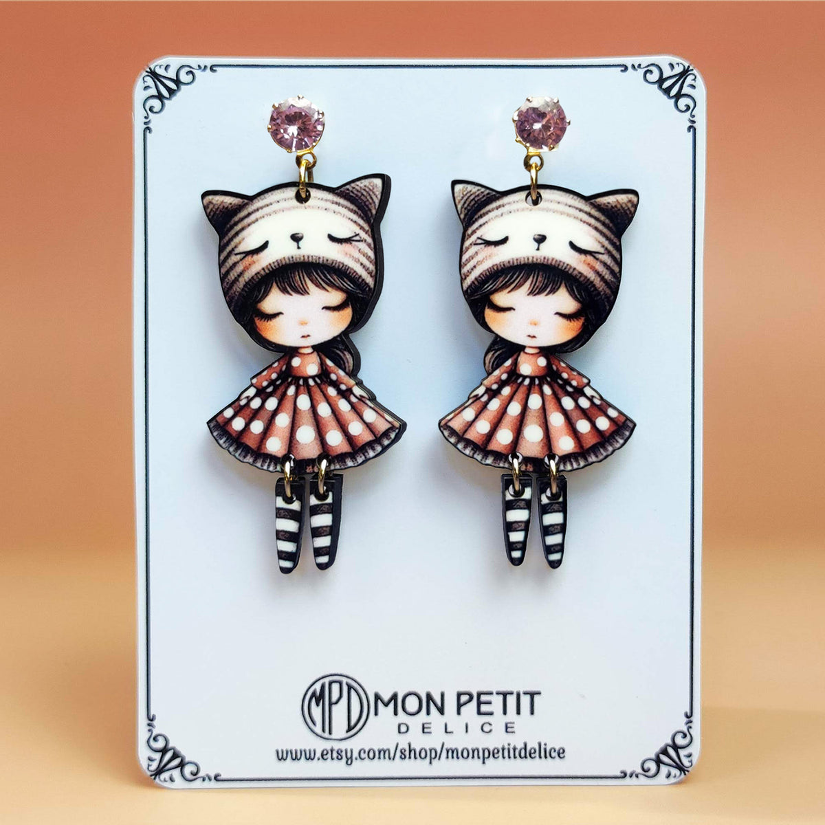 Wooden Doll Earrings: Cat Ear Beanie, Gold Plated Steel Studs