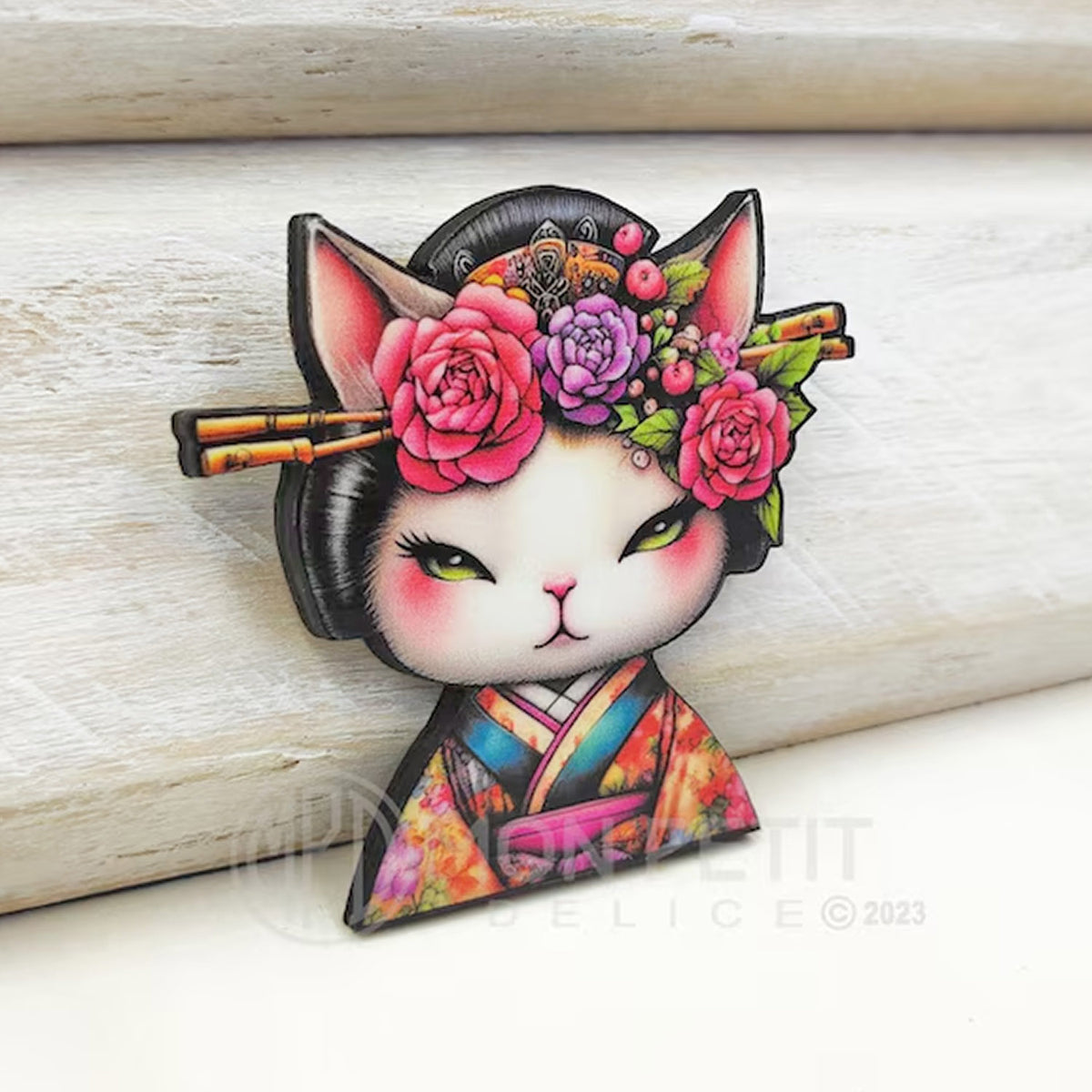 Floral Geisha Cat Brooch,  Illustrated Wooden Pin, Kawaii Cat Jewelry Gift