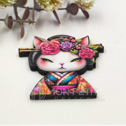 Floral Geisha Cat Brooch,  Illustrated Wooden Pin, Kawaii Cat Jewelry Gift