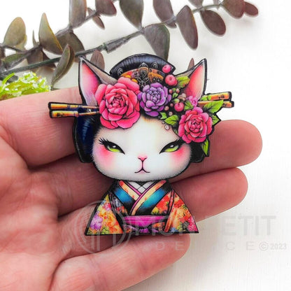 Floral Geisha Cat Brooch,  Illustrated Wooden Pin, Kawaii Cat Jewelry Gift