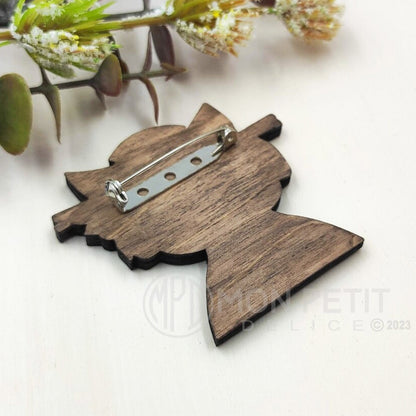 Floral Geisha Cat Brooch,  Illustrated Wooden Pin, Kawaii Cat Jewelry Gift