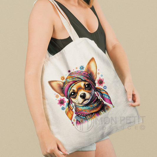 Bohemian Chihuahua tote bag, 100% recycled cotton