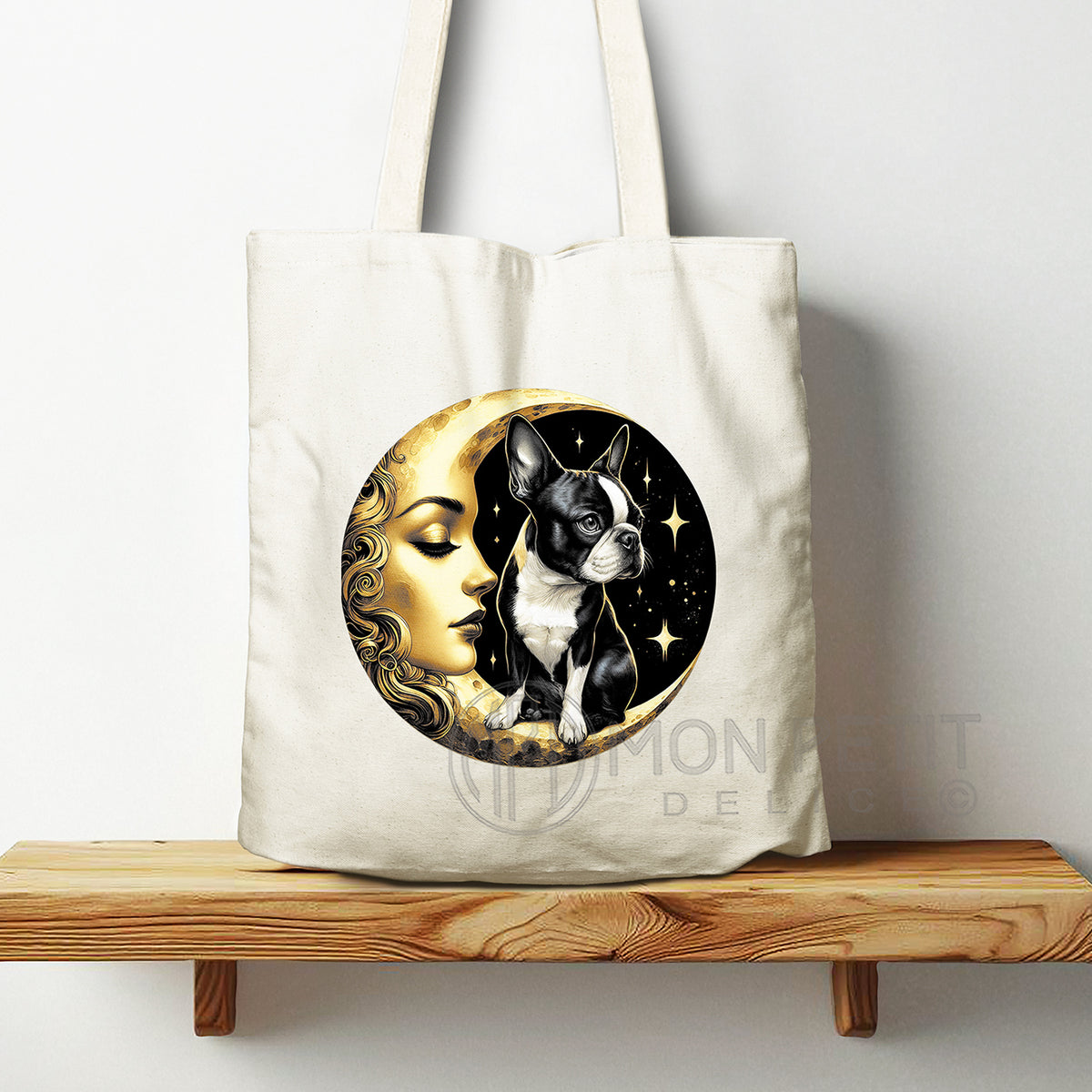 Tote Bag Boston Terrier auf dem Mond 100% recycelter Baumwolle