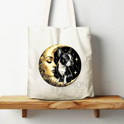 Tote Bag Boston Terrier auf dem Mond 100% recycelter Baumwolle