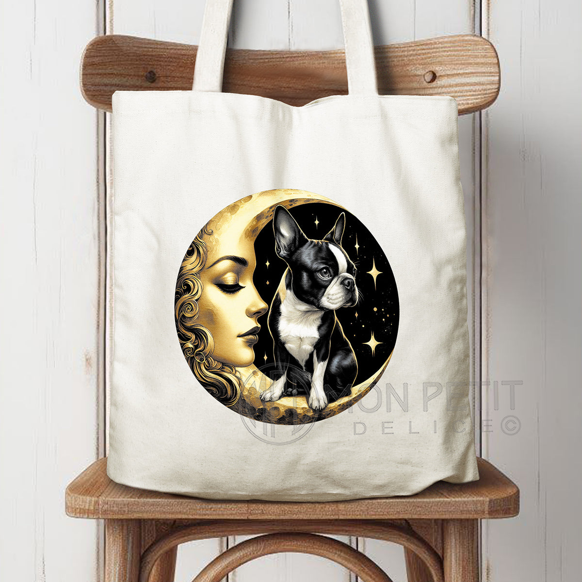 Tote Bag Boston Terrier auf dem Mond 100% recycelter Baumwolle