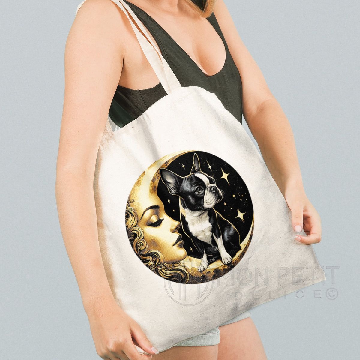 Tote Bag Boston Terrier auf dem Mond 100% recycelter Baumwolle