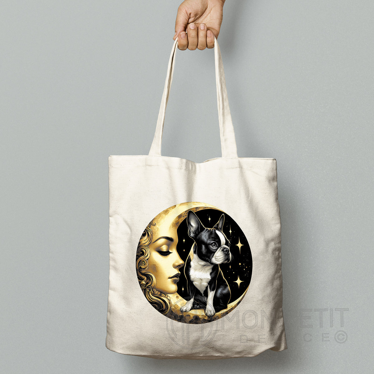 Tote Bag Boston Terrier auf dem Mond 100% recycelter Baumwolle