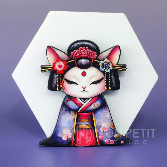Geisha cat wooden brooch with sakura blossoms, kawaii Japanese pin.