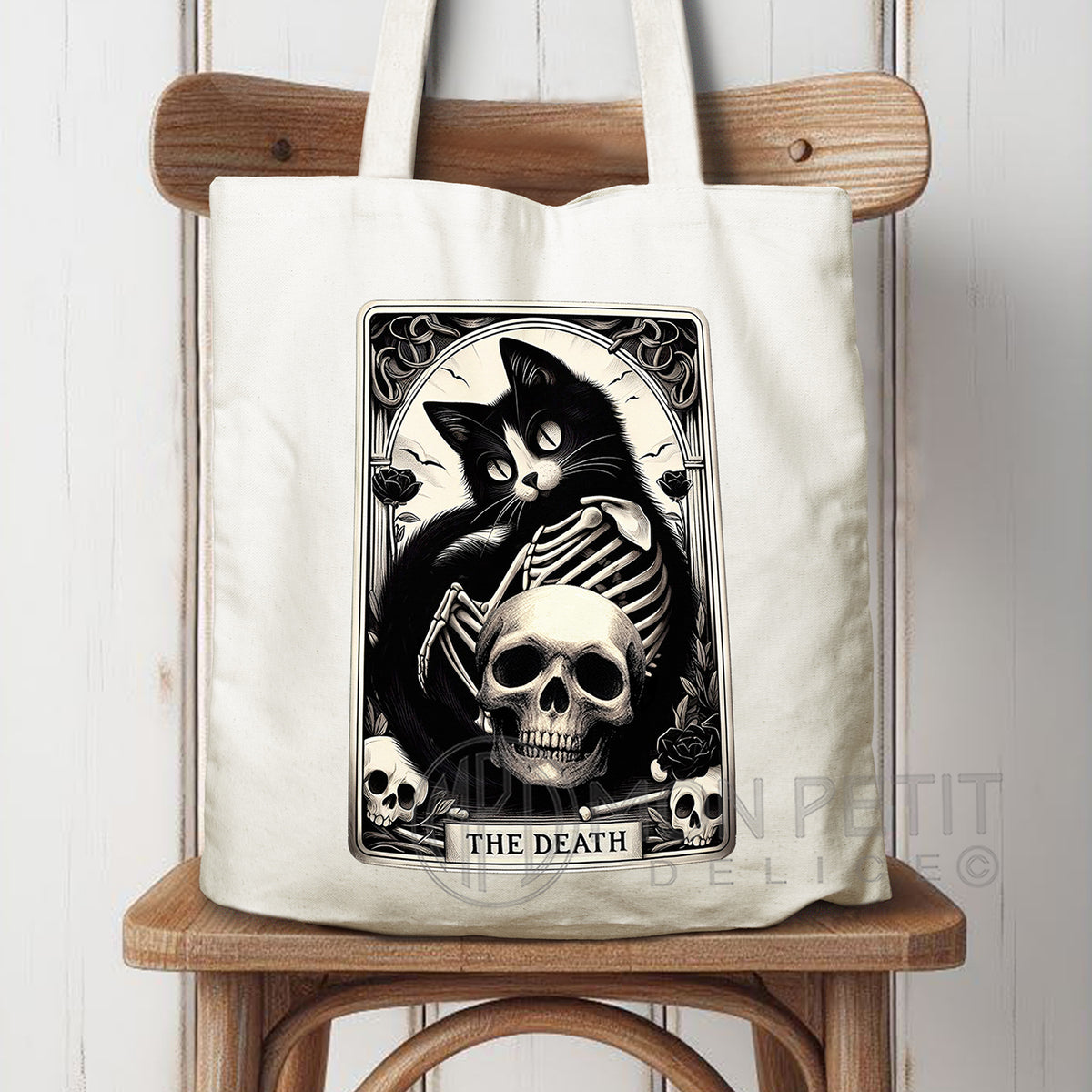Cat tarot tote bag with black cat and skull tarot print, recycled cotton tote bag, gothic tote bag, witchy shoulder bag, tarot card tote for everyday use.