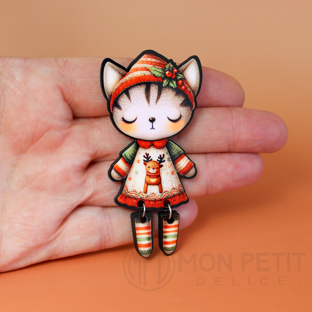Christmas Cat Wooden Brooch | Handmade Holiday Jewelry | Stocking Stuffer