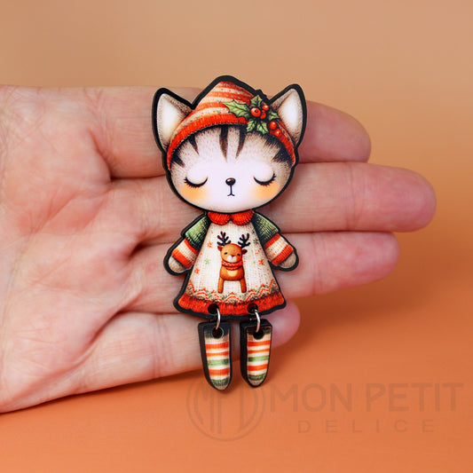 Christmas Cat Wooden Brooch | Handmade Holiday Jewelry | Stocking Stuffer