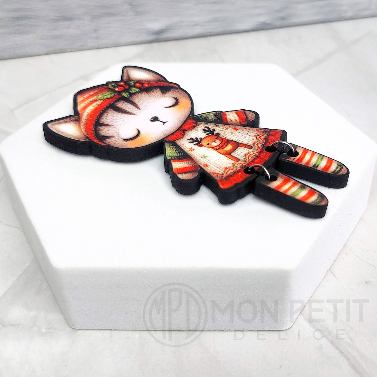 Christmas Cat Wooden Brooch | Handmade Holiday Jewelry | Stocking Stuffer