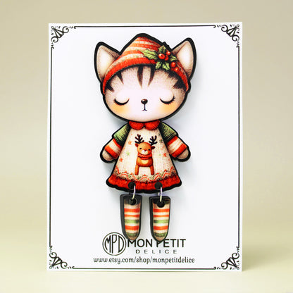 Christmas Cat Wooden Brooch | Handmade Holiday Jewelry | Stocking Stuffer