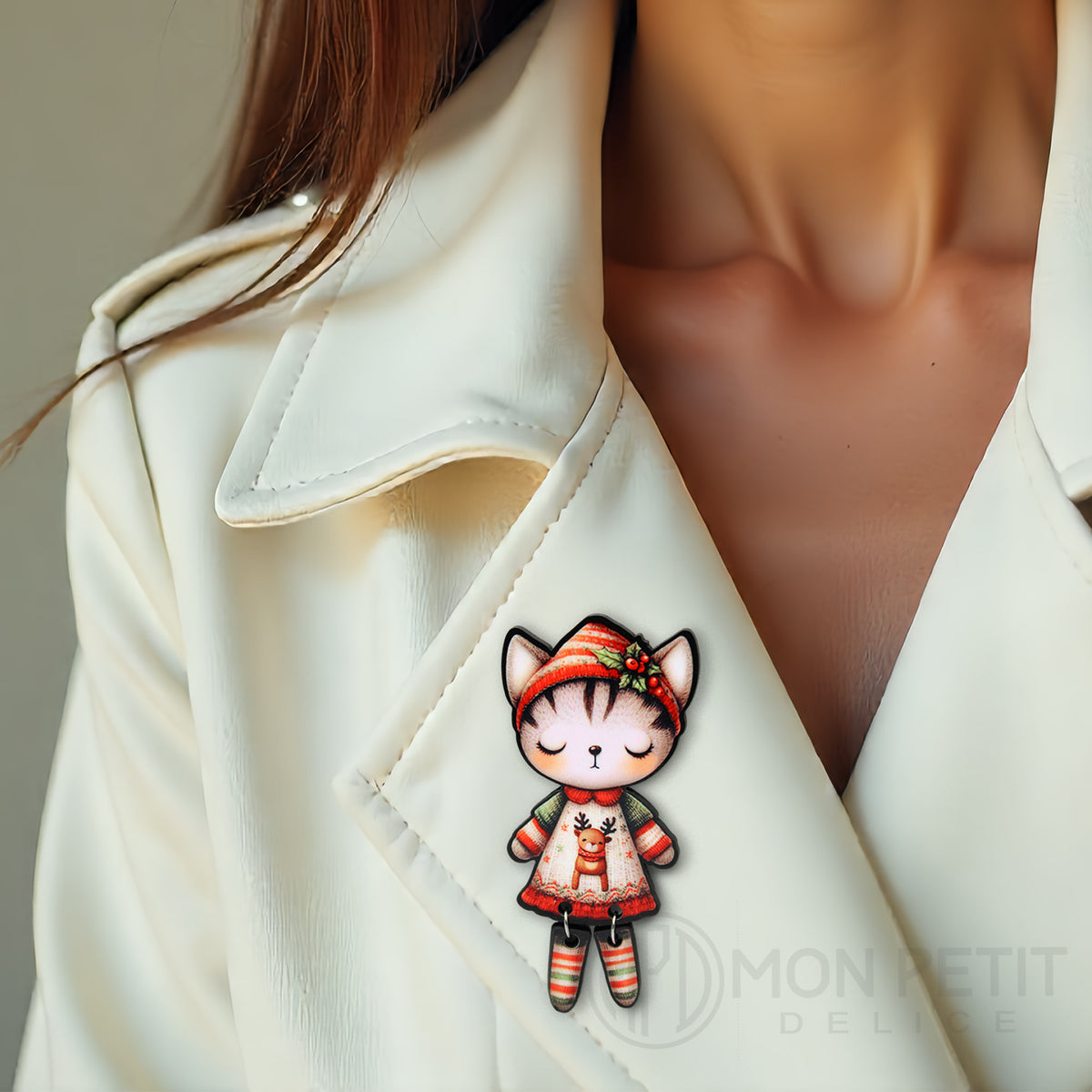 Christmas Cat Wooden Brooch | Handmade Holiday Jewelry | Stocking Stuffer
