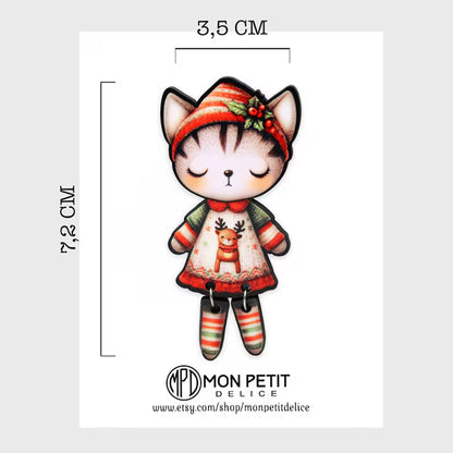 Christmas Cat Wooden Brooch | Handmade Holiday Jewelry | Stocking Stuffer