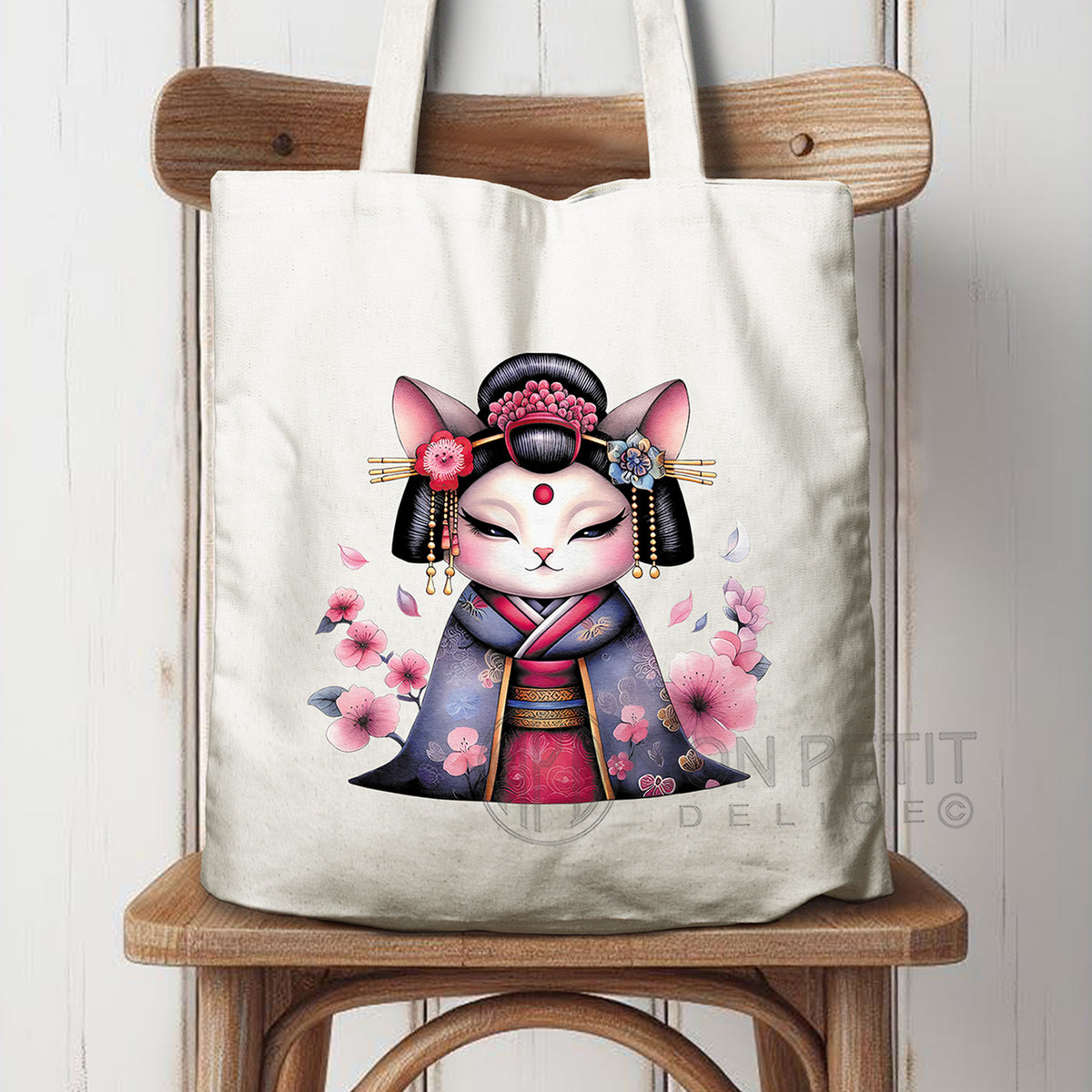 Geisha Cat with cherry blossom, 100% cotton