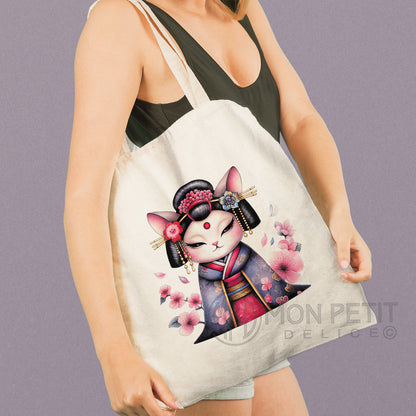 Geisha Cat with cherry blossom, 100% cotton