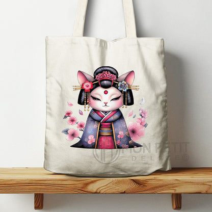 Geisha Cat with cherry blossom, 100% cotton