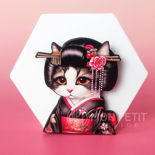 Geisha Cat Brooch, Kawaii Wooden Pin with Original Artwork