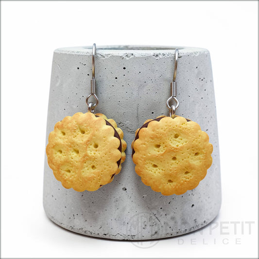 Handmade chocolate cookie dangle earrings polymer clay miniature food jewelry.