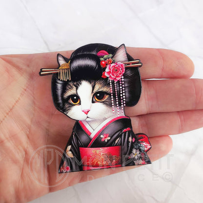 Kawaii Geisha Cat Pin, Wooden Brooch in Japanese Style