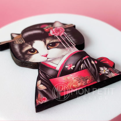 Kawaii Geisha Cat Brooch, Wooden Pin with Original Design
