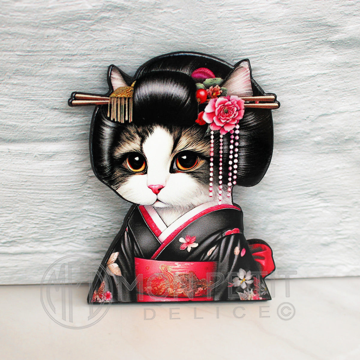 Geisha Cat Wooden Brooch, Original Art Kawaii Pin