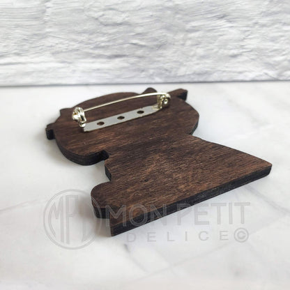 Geisha Cat Brooch, Kawaii Wooden Pin with Original Artwork