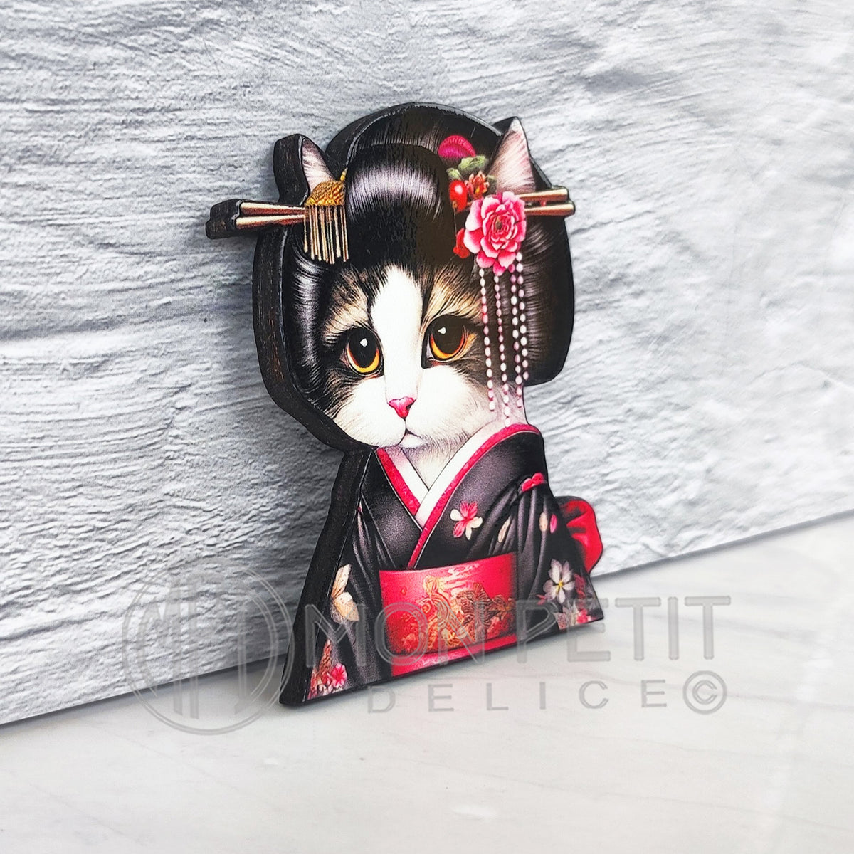 Geisha Cat Pin, Kawaii Wooden Brooch Inspired by Japanese Art