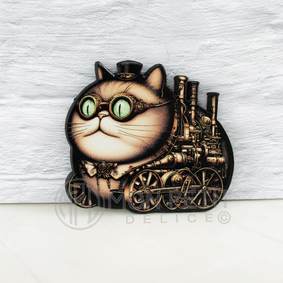 Gato Steampunk Broche de madera hecho a mano.