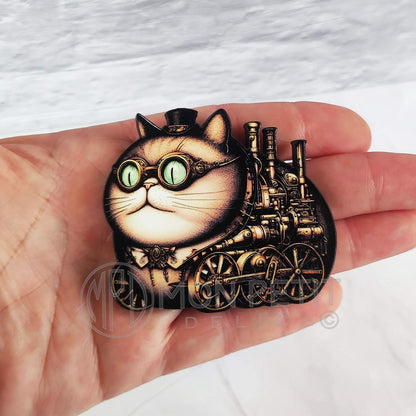 Gato Steampunk Broche de madera hecho a mano.