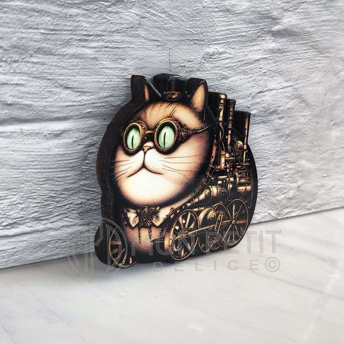 Gato Steampunk Broche de madera hecho a mano.