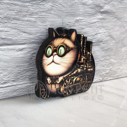 Gato Steampunk Broche de madera hecho a mano.