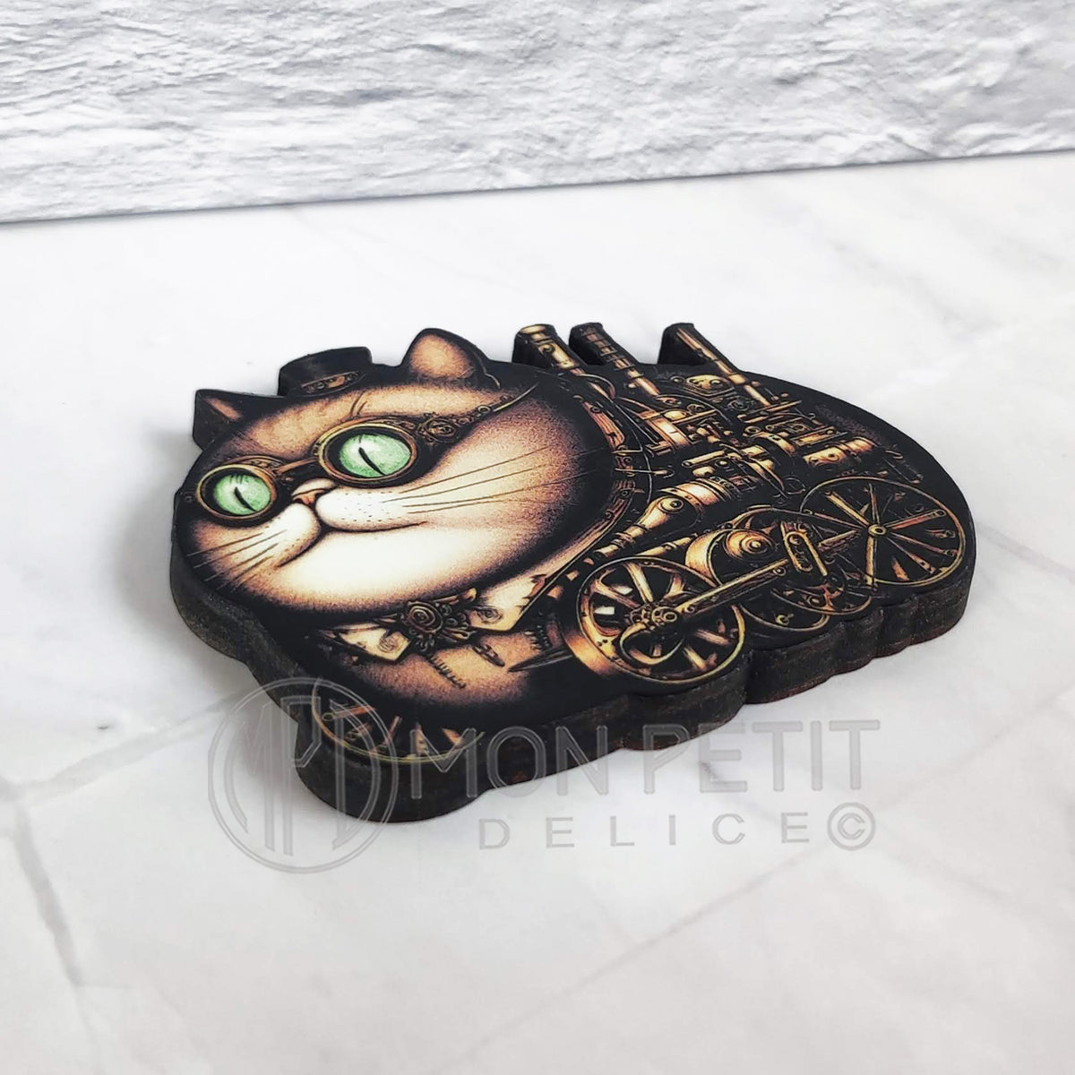 Gato Steampunk Broche de madera hecho a mano.
