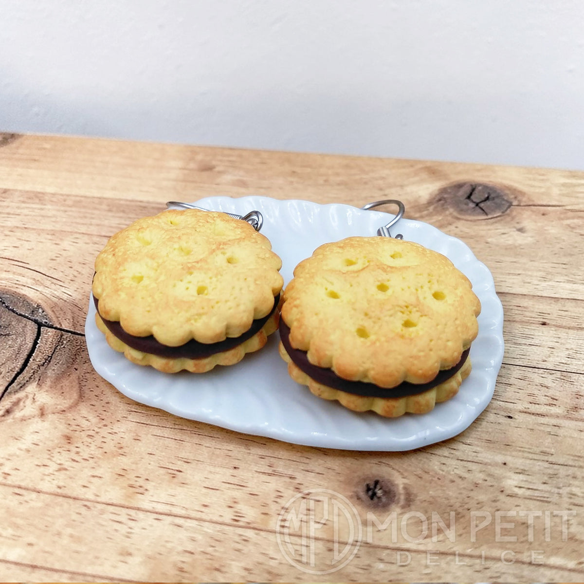 Unique gift for bakers chocolate cookie earrings miniature food art on plate.