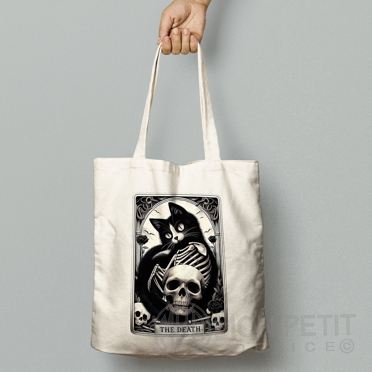 Witchy black cat tote bag with long handles, Death tarot design, recycled cotton tote bag, occult cat artwork, gothic reusable bag, tarot tote for daily carry.