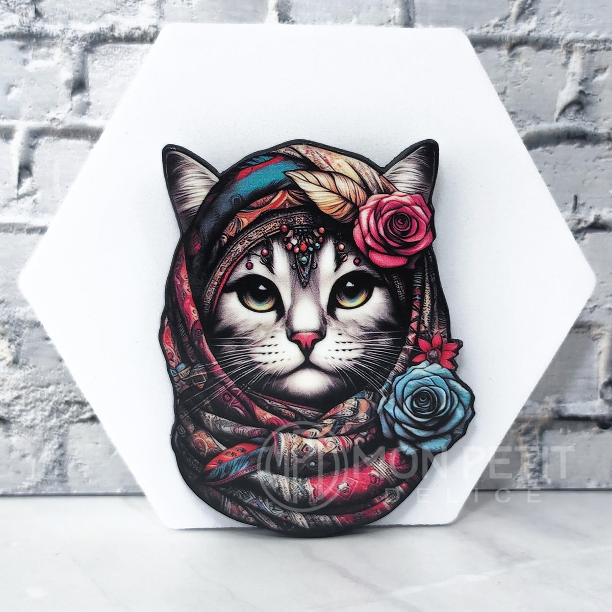 Boho Cat Wooden Brooch | Hippie Chic Feline Jewelry | Artistic Cat Lover Gift