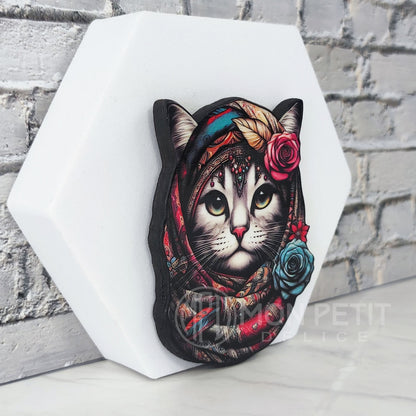 Boho Cat Wooden Brooch | Hippie Chic Feline Jewelry | Artistic Cat Lover Gift