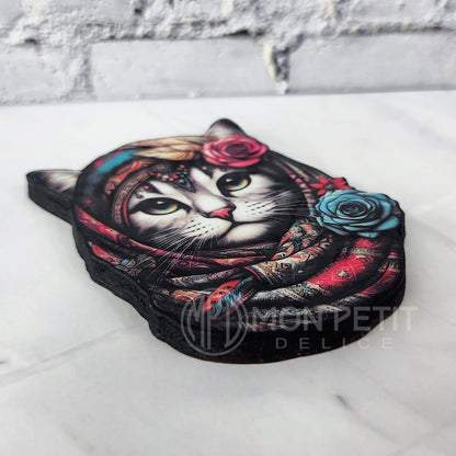 Boho Cat Wooden Brooch | Hippie Chic Feline Jewelry | Artistic Cat Lover Gift