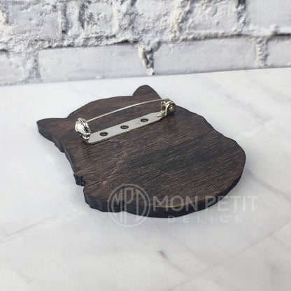 Boho Cat Wooden Brooch | Hippie Chic Feline Jewelry | Artistic Cat Lover Gift