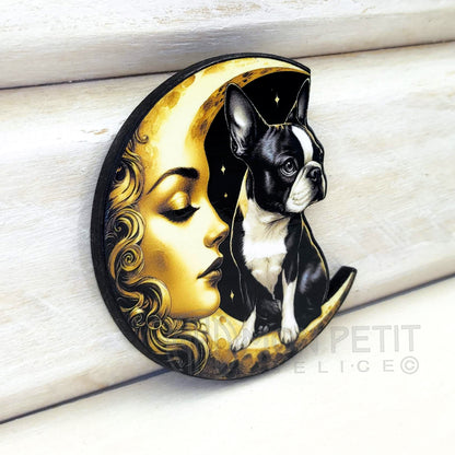 Boston Terrier et Lune Vintage Broche en bois fait main