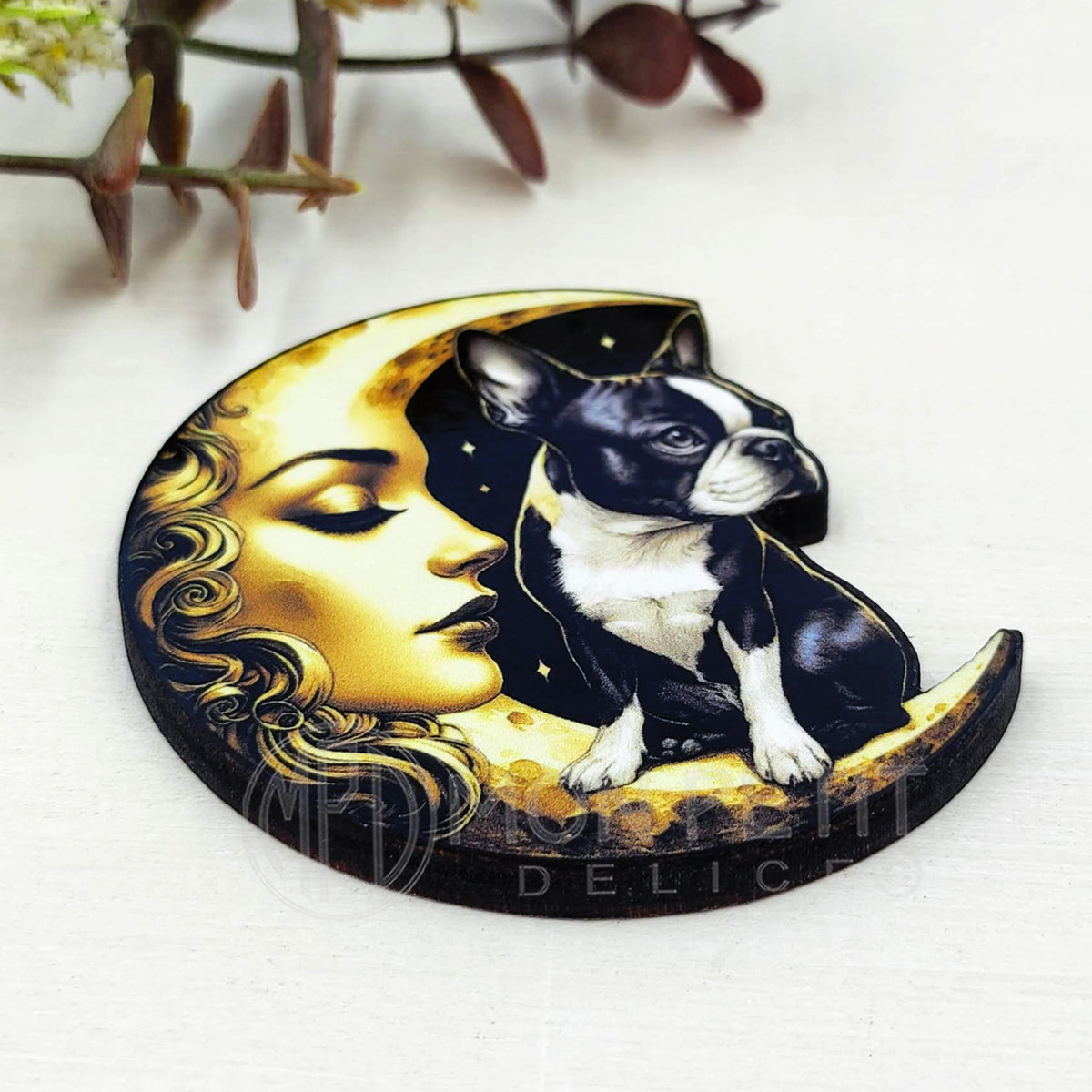 Boston Terrier et Lune Vintage Broche en bois fait main