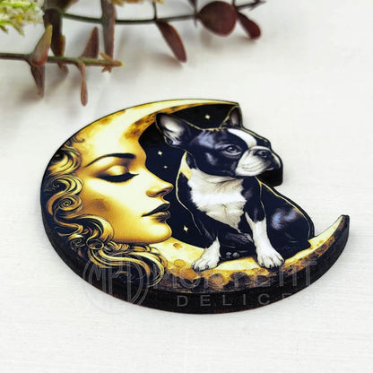 Boston Terrier et Lune Vintage Broche en bois fait main