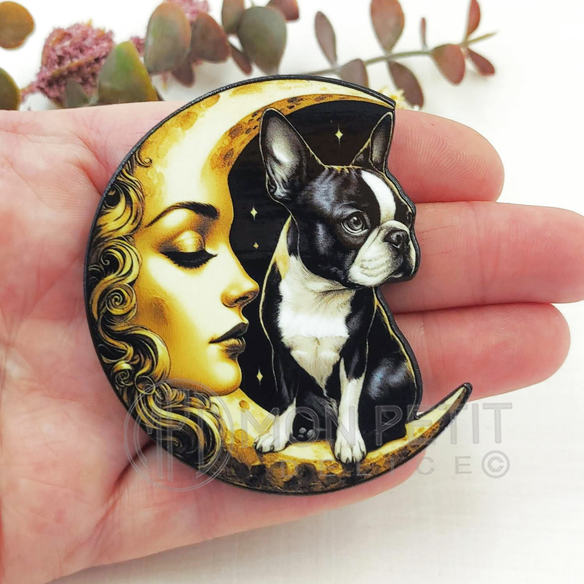 Boston Terrier et Lune Vintage Broche en bois fait main
