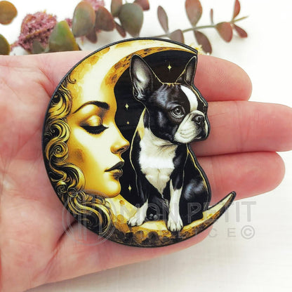 Boston Terrier et Lune Vintage Broche en bois fait main