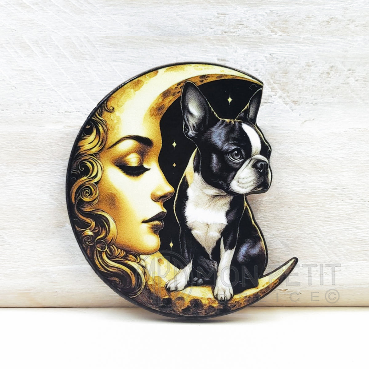 boston terrier wooden brooch-dog jewelry-vintage dog moon pin