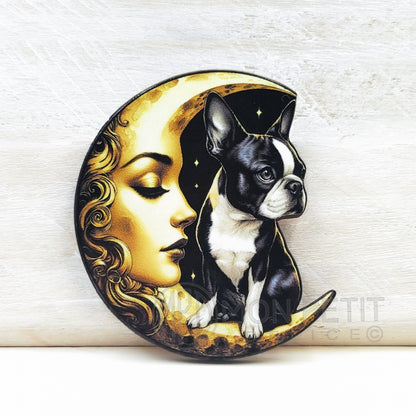 boston terrier wooden brooch-dog jewelry-vintage dog moon pin