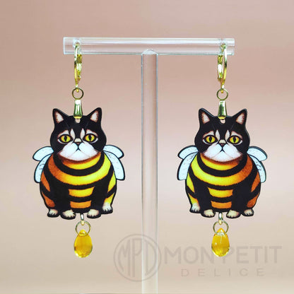 Bumblebee Cat wooden earrings