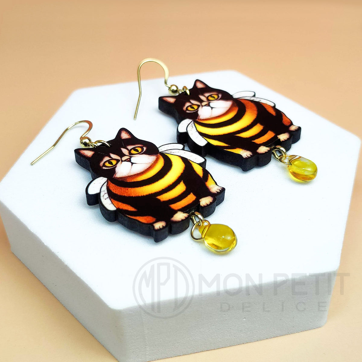 Bumblebee Cat wooden earrings